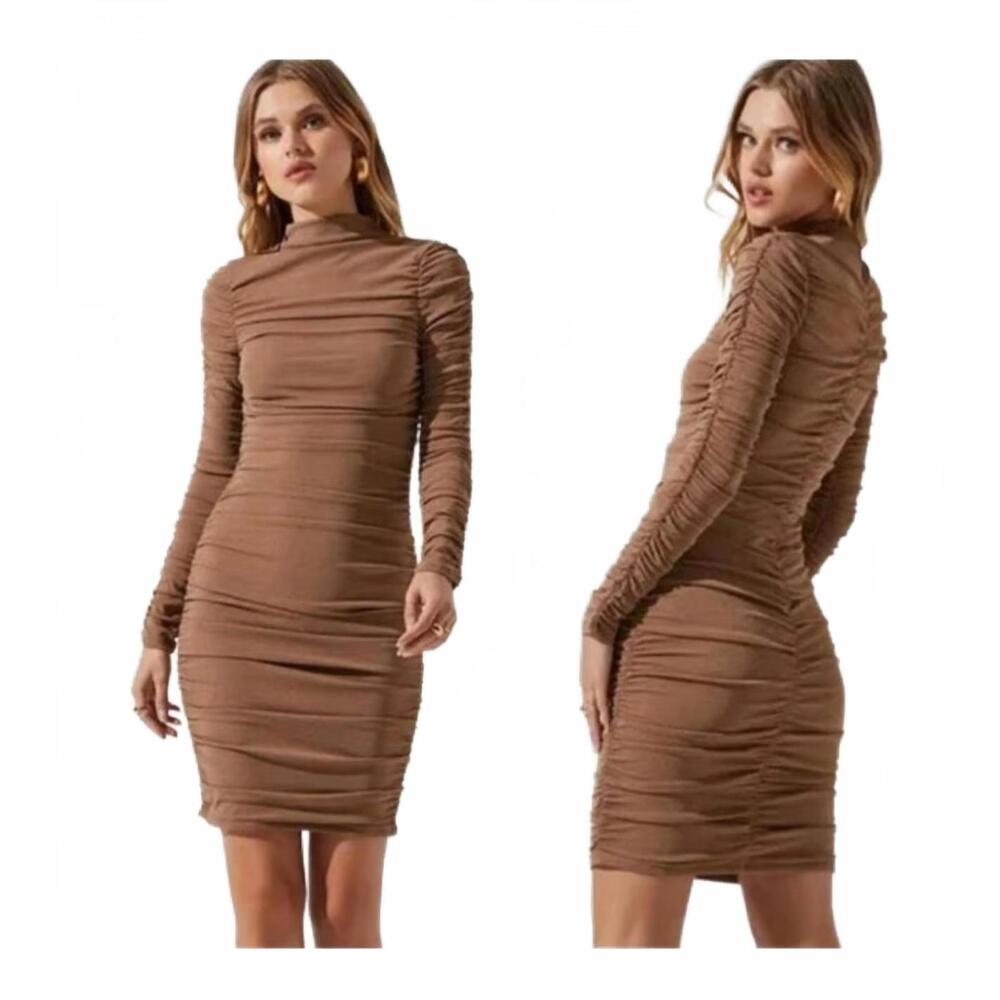 ASTR The Label Tan Ruched long sleeve Dress women's size XS stretch